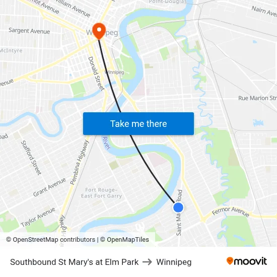 Southbound St Mary's at Elm Park to Winnipeg map