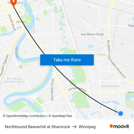 Northbound Beaverhill at Shamrock to Winnipeg map
