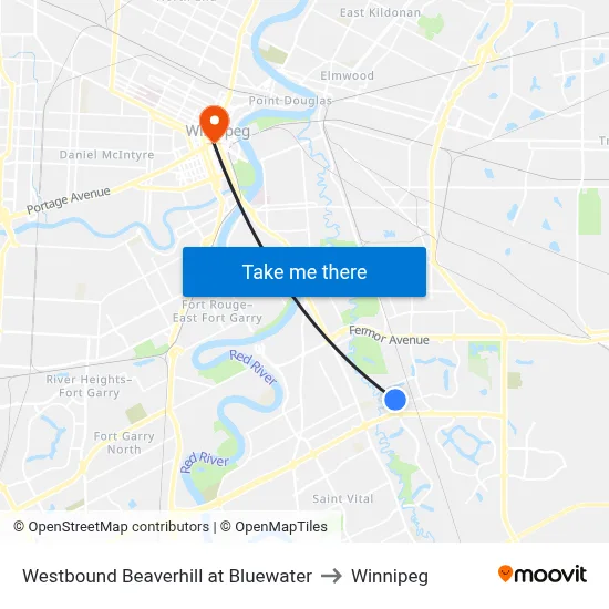 Westbound Beaverhill at Bluewater to Winnipeg map