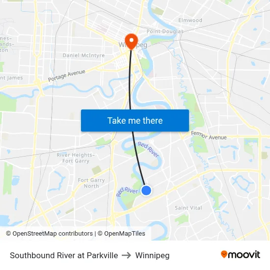 Southbound River at Parkville to Winnipeg map