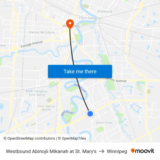 Westbound Abinojii Mikanah at St. Mary's to Winnipeg map