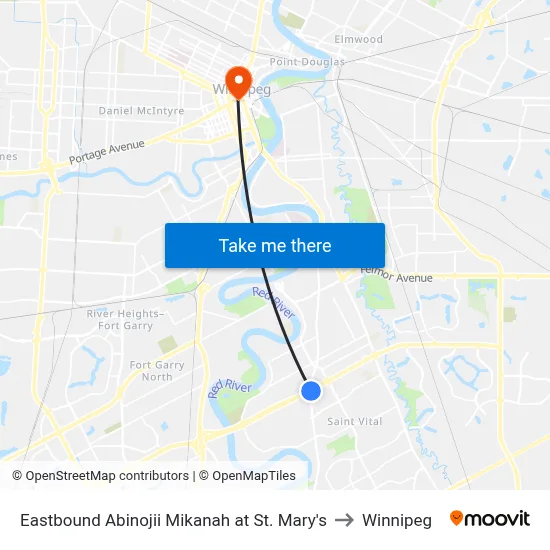 Eastbound Abinojii Mikanah at St. Mary's to Winnipeg map