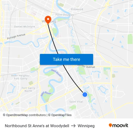 Northbound St Anne's at Woodydell to Winnipeg map