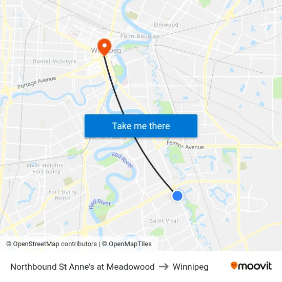 Northbound St Anne's at Meadowood to Winnipeg map