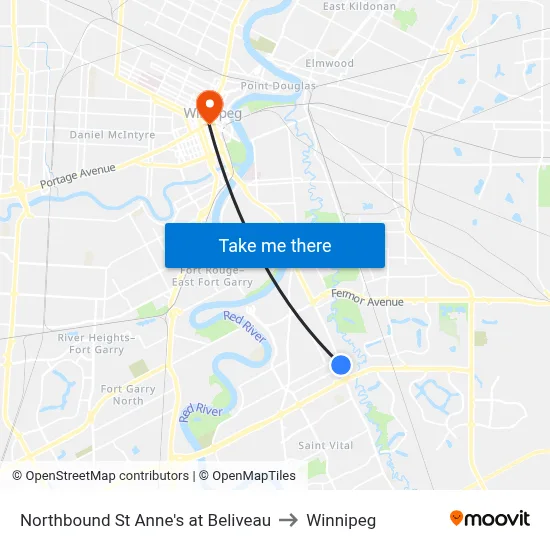 Northbound St Anne's at Beliveau to Winnipeg map