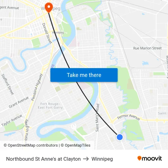 Northbound St Anne's at Clayton to Winnipeg map
