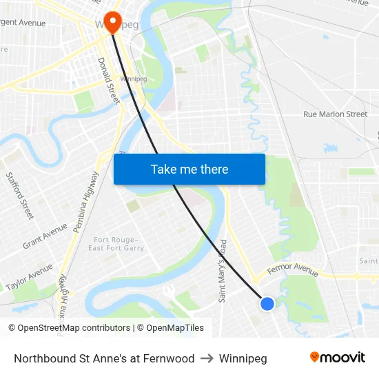 Northbound St Anne's at Fernwood to Winnipeg map