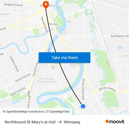 Northbound St Mary's at Hull to Winnipeg map