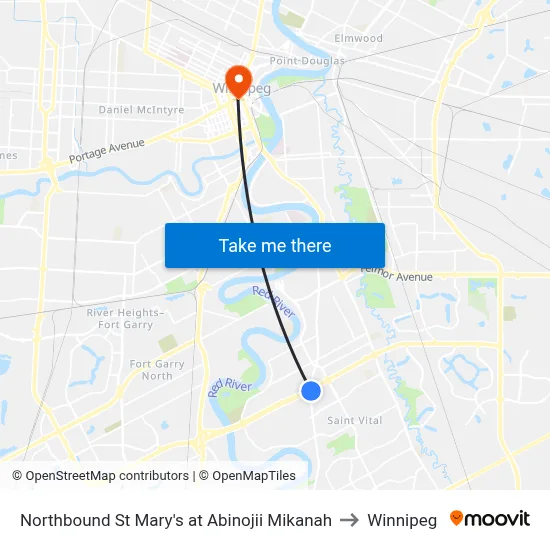Northbound St Mary's at Abinojii Mikanah to Winnipeg map