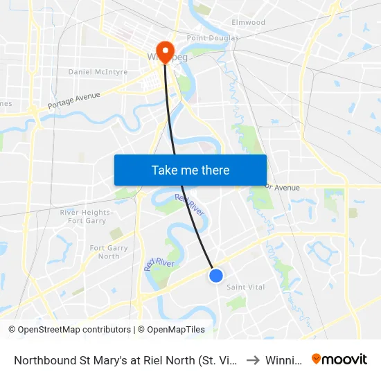 Northbound St Mary's at Riel North (St. Vital Centre) to Winnipeg map