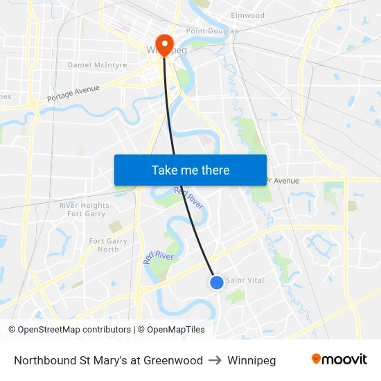 Northbound St Mary's at Greenwood to Winnipeg map