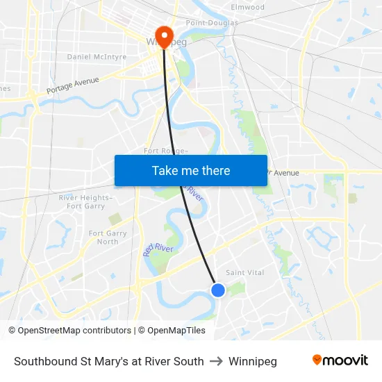 Southbound St Mary's at River South to Winnipeg map