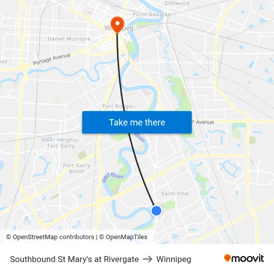 Southbound St Mary's at Rivergate to Winnipeg map