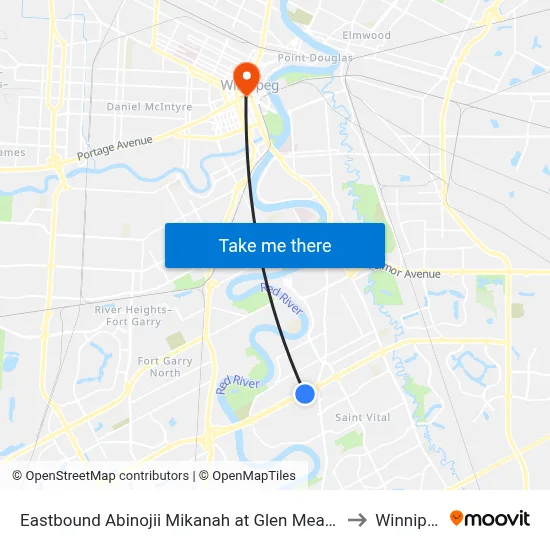 Eastbound Abinojii Mikanah at Glen Meadow to Winnipeg map