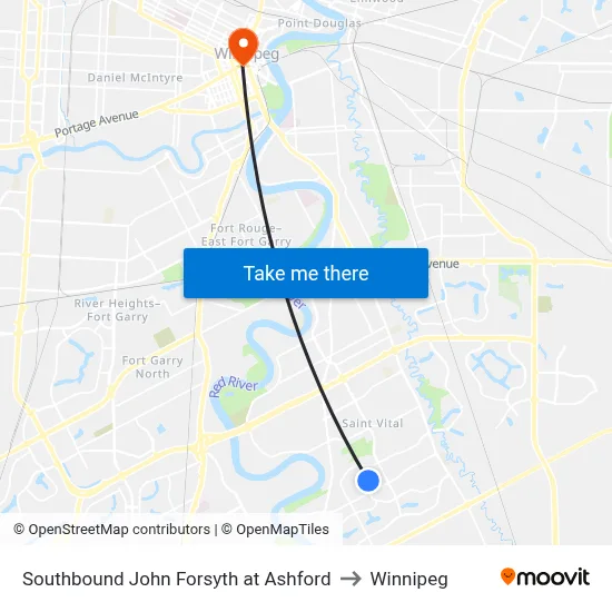 Southbound John Forsyth at Ashford to Winnipeg map