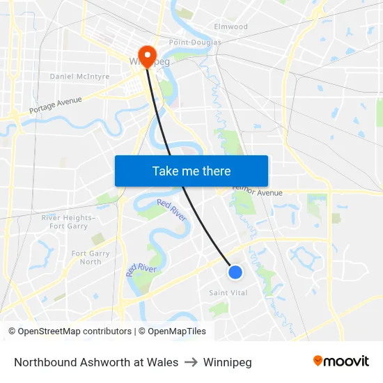 Northbound Ashworth at Wales to Winnipeg map
