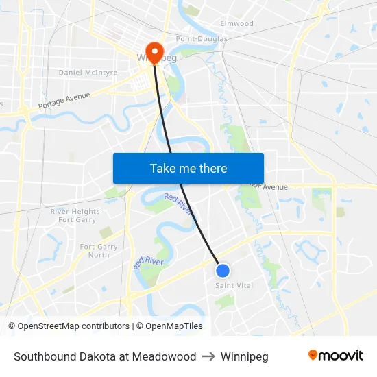 Southbound Dakota at Meadowood to Winnipeg map