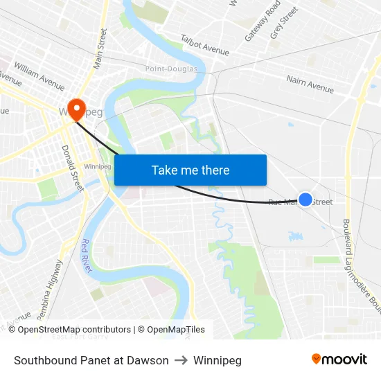 Southbound Panet at Dawson to Winnipeg map