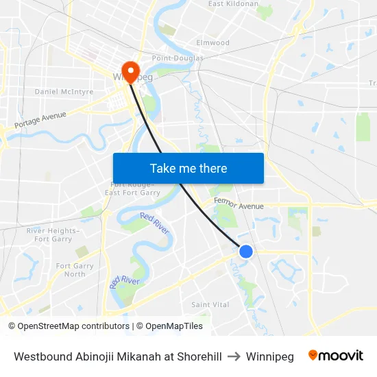 Westbound Abinojii Mikanah at Shorehill to Winnipeg map