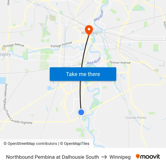 Northbound Pembina at Dalhousie South to Winnipeg map