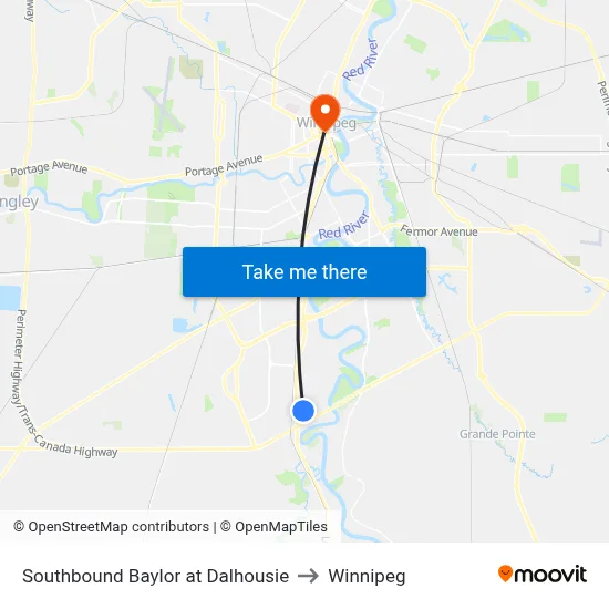 Southbound Baylor at Dalhousie to Winnipeg map