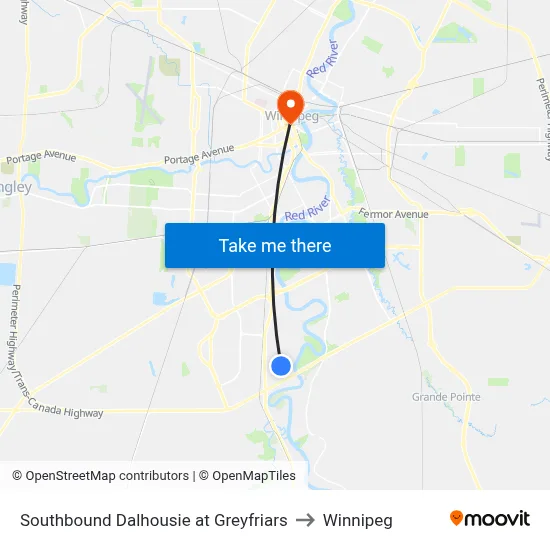 Southbound Dalhousie at Greyfriars to Winnipeg map