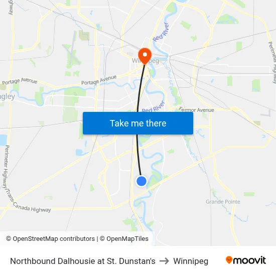 Northbound Dalhousie at St. Dunstan's to Winnipeg map