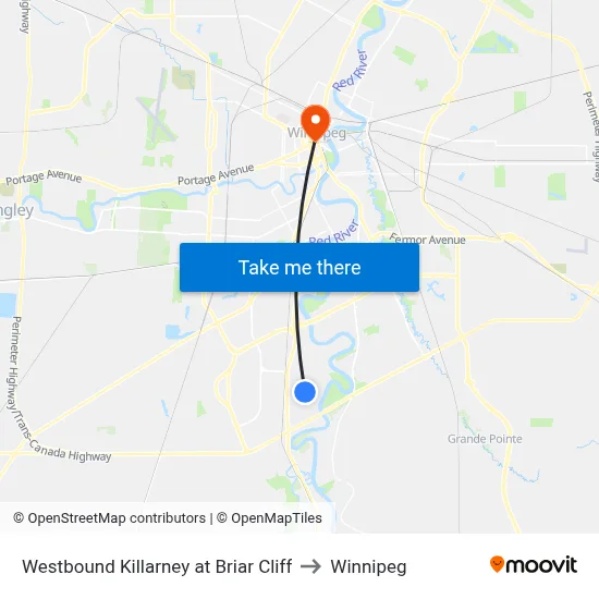Westbound Killarney at Briar Cliff to Winnipeg map