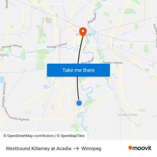 Westbound Killarney at Acadia to Winnipeg map