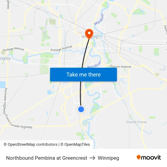 Northbound Pembina at Greencrest to Winnipeg map