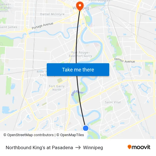 Northbound King's at Pasadena to Winnipeg map
