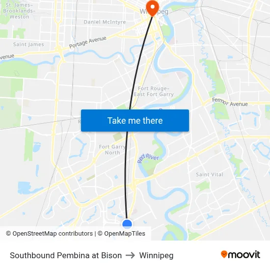 Southbound Pembina at Bison to Winnipeg map