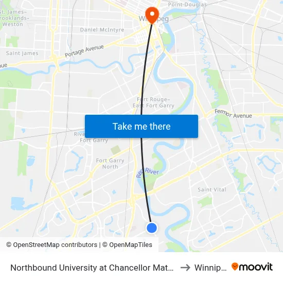 Northbound University at Chancellor Matheson to Winnipeg map
