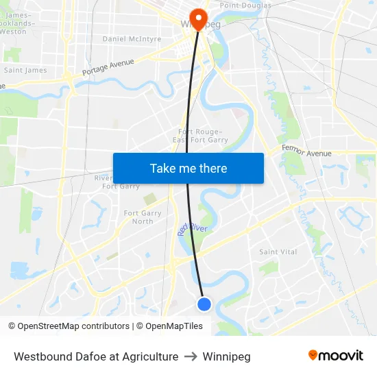 Westbound Dafoe at Agriculture to Winnipeg map