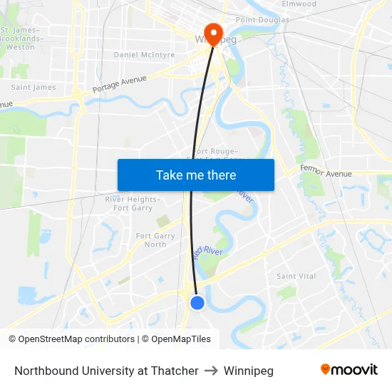 Northbound University at Thatcher to Winnipeg map