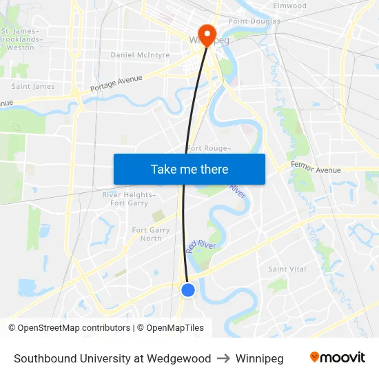 Southbound University at Wedgewood to Winnipeg map
