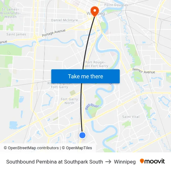 Southbound Pembina at Southpark South to Winnipeg map