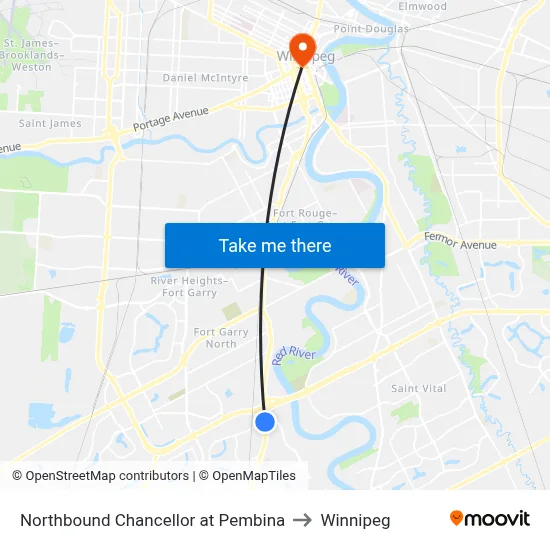Northbound Chancellor at Pembina to Winnipeg map