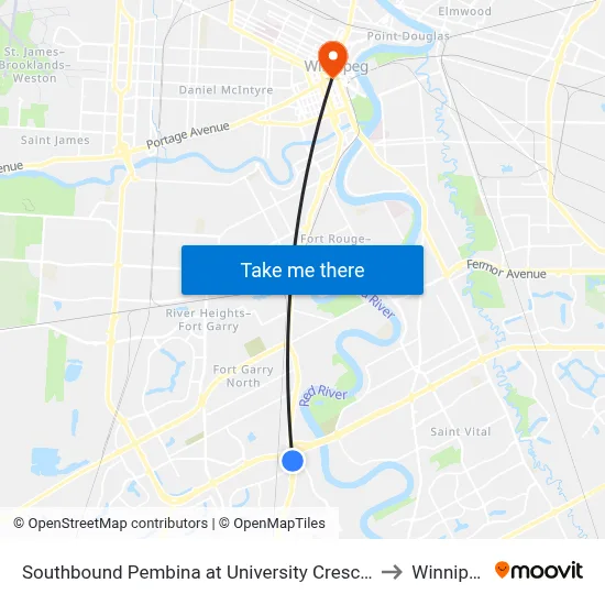 Southbound Pembina at University Crescent to Winnipeg map