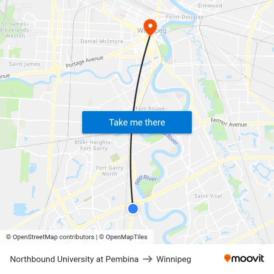 Northbound University at Pembina to Winnipeg map