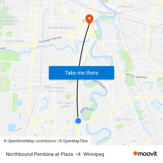 Northbound Pembina at Plaza to Winnipeg map