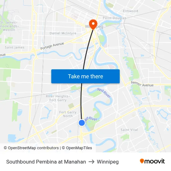 Southbound Pembina at Manahan to Winnipeg map