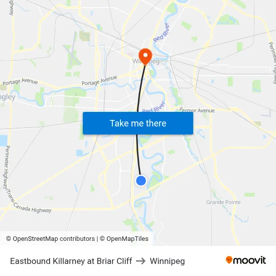 Eastbound Killarney at Briar Cliff to Winnipeg map