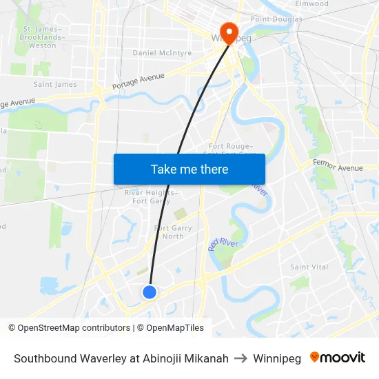 Southbound Waverley at Abinojii Mikanah to Winnipeg map