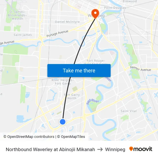 Northbound Waverley at Abinojii Mikanah to Winnipeg map