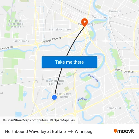 Northbound Waverley at Buffalo to Winnipeg map