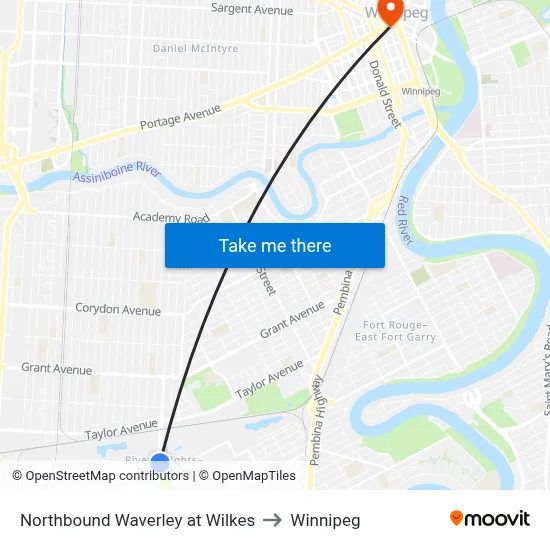 Northbound Waverley at Wilkes to Winnipeg map