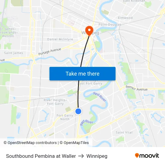 Southbound Pembina at Waller to Winnipeg map