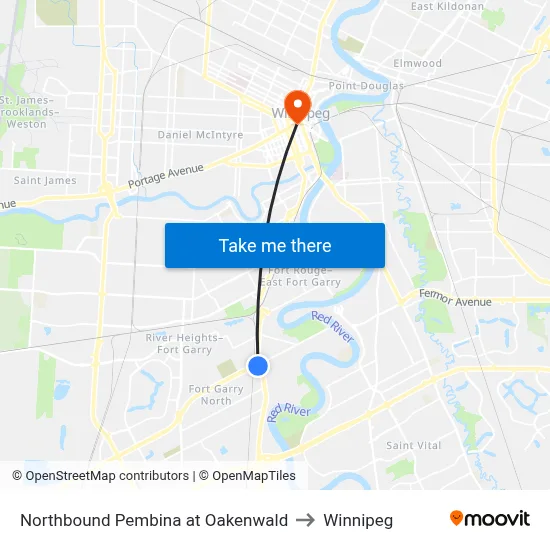 Northbound Pembina at Oakenwald to Winnipeg map