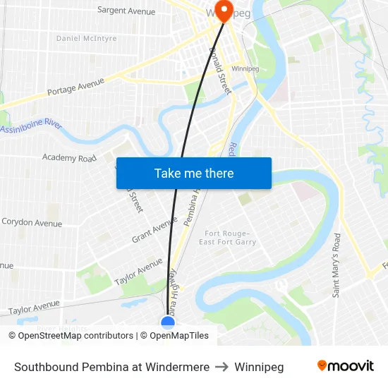 Southbound Pembina at Windermere to Winnipeg map